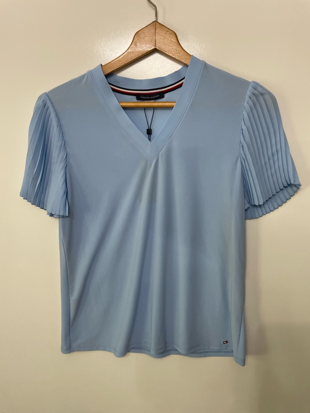 Tommy Hilfiger Light Blue V-Neck Pleated Sleeve Suit Separate Top Shirt Womens S
